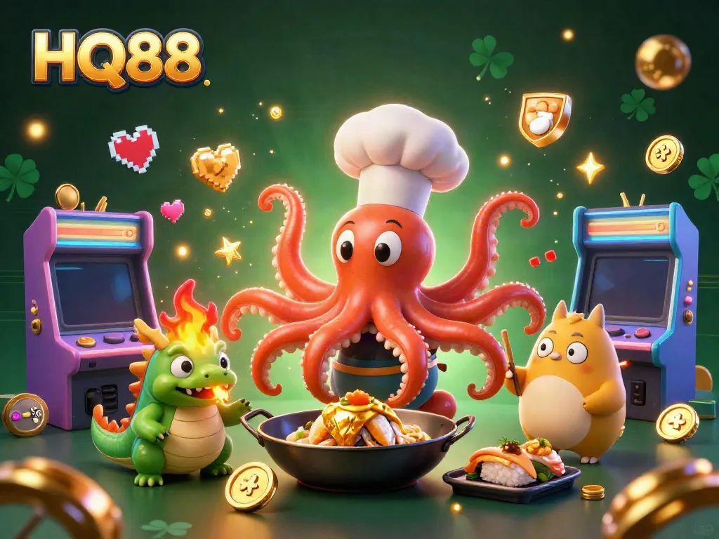 Engage with HQ88’s thrilling gaming landscape featuring dynamic characters, fire-breathing dragon, and exciting casino elements.