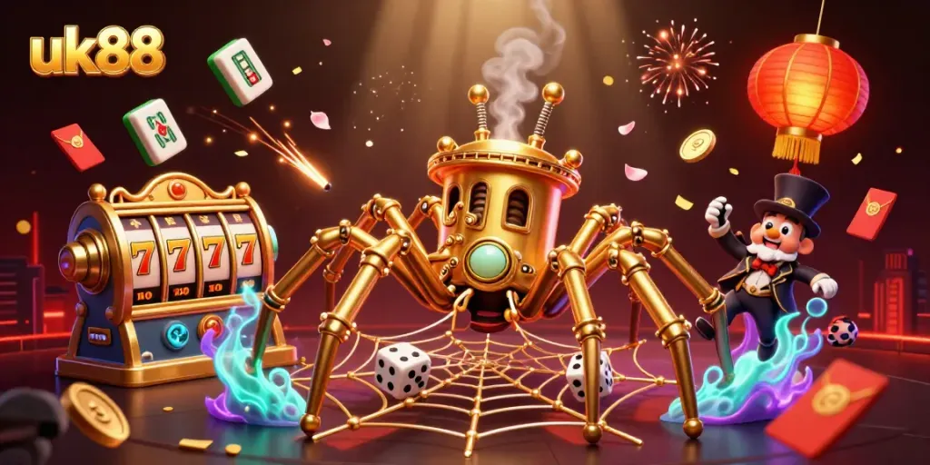 Experience intricate slots gameplay with the whimsical uk88 golden spider and delightful casino elements.