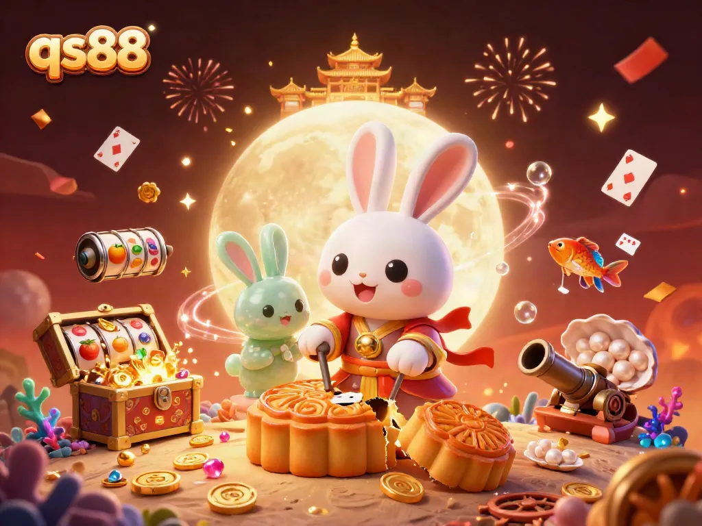 Experience thrilling gaming with qs88 as the moon rabbit reveals poker chips amidst a vibrant casino scene.