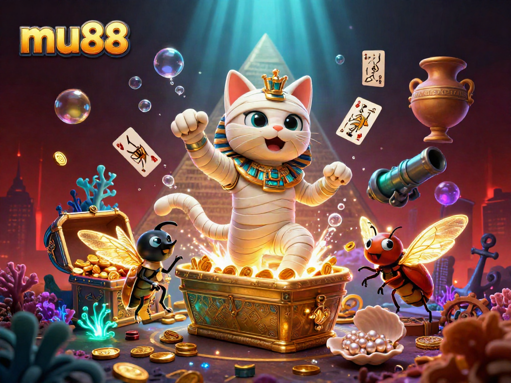 Engage with mu88's vibrant casino scene, featuring an Egyptian mummy cat and treasures.