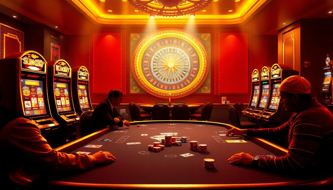 SUNCITY casino players engaged in a high-stakes poker game with vibrant slot machines.
