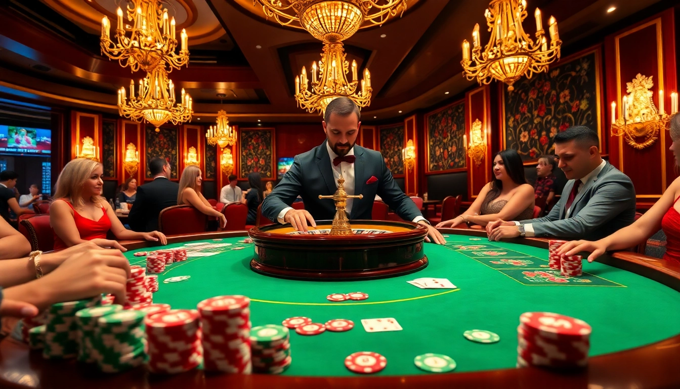 High-stakes poker at VIPWIN, featuring a dealer and vibrant casino atmosphere.