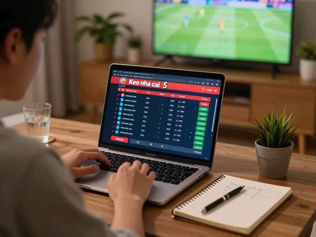 Engaged player analyzing Keo nha cai 5 betting odds on a laptop during sports betting.
