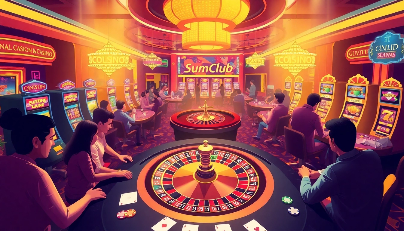 Players engaging in thrilling games at Sumclub's online casino with poker chips and a roulette wheel.
