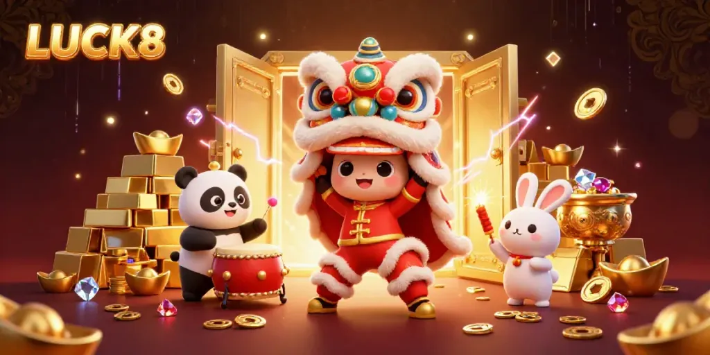 LUCK8 showcases winning moments with vibrant characters and abundant treasures in a lively casino scene.