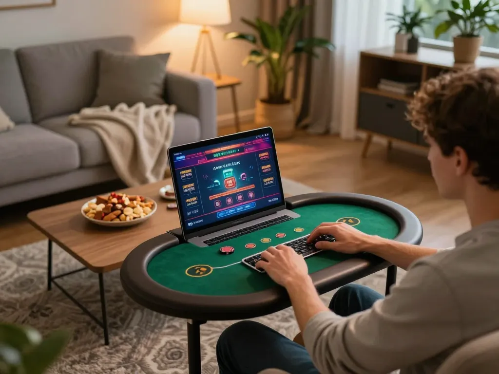 Engaging with online poker at https://sin88.expert/ during a comfortable home gaming session.