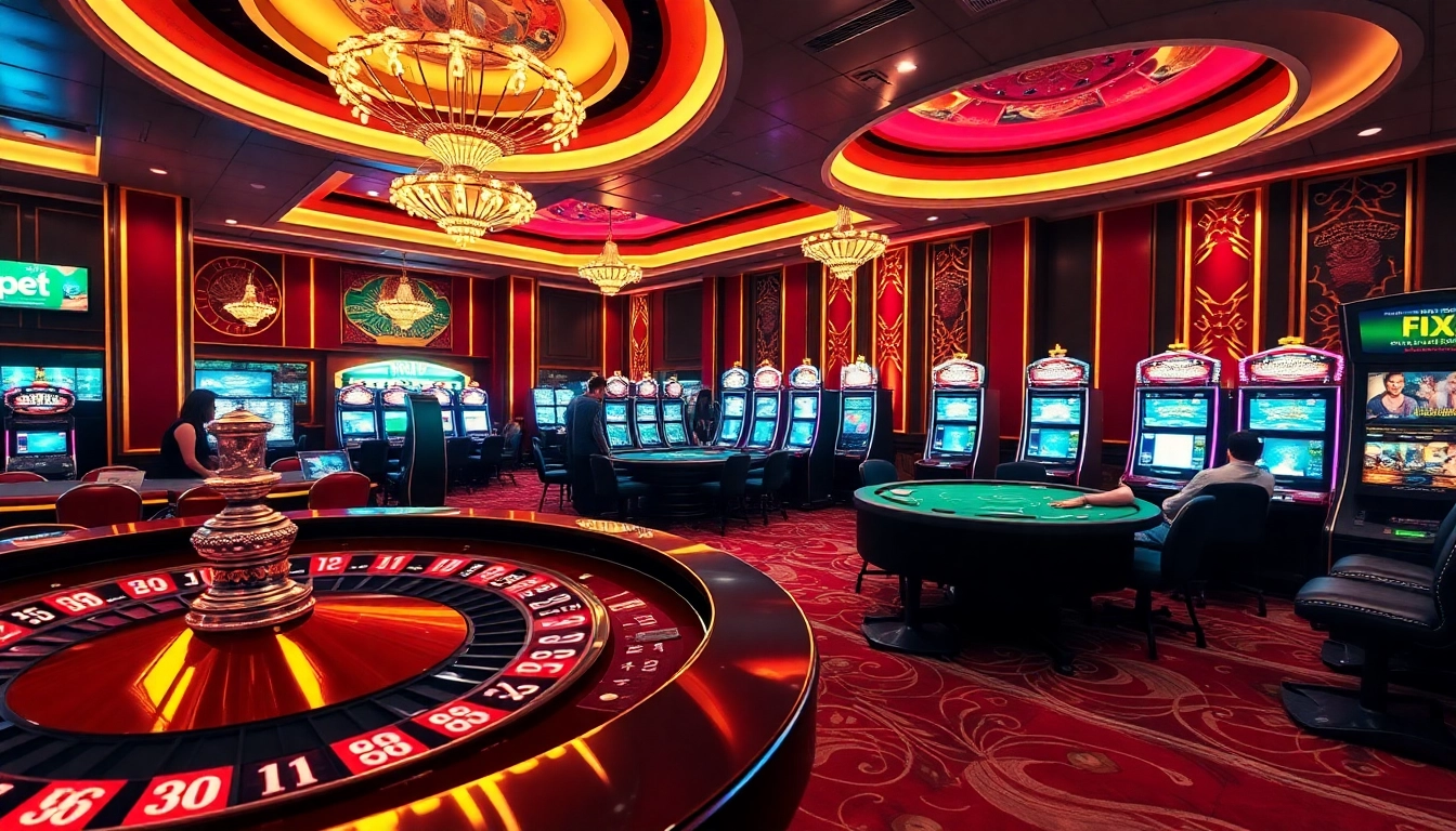 Engaging gamblers at nhà cái mibet with a vibrant casino scene featuring poker tables, roulette, and slot machines.