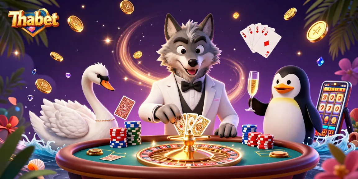 Thabet showcases a 3D casino scene with a debonair wolf, elegant dealer swan, and a champagne-pouring penguin amidst swirling casino elements.