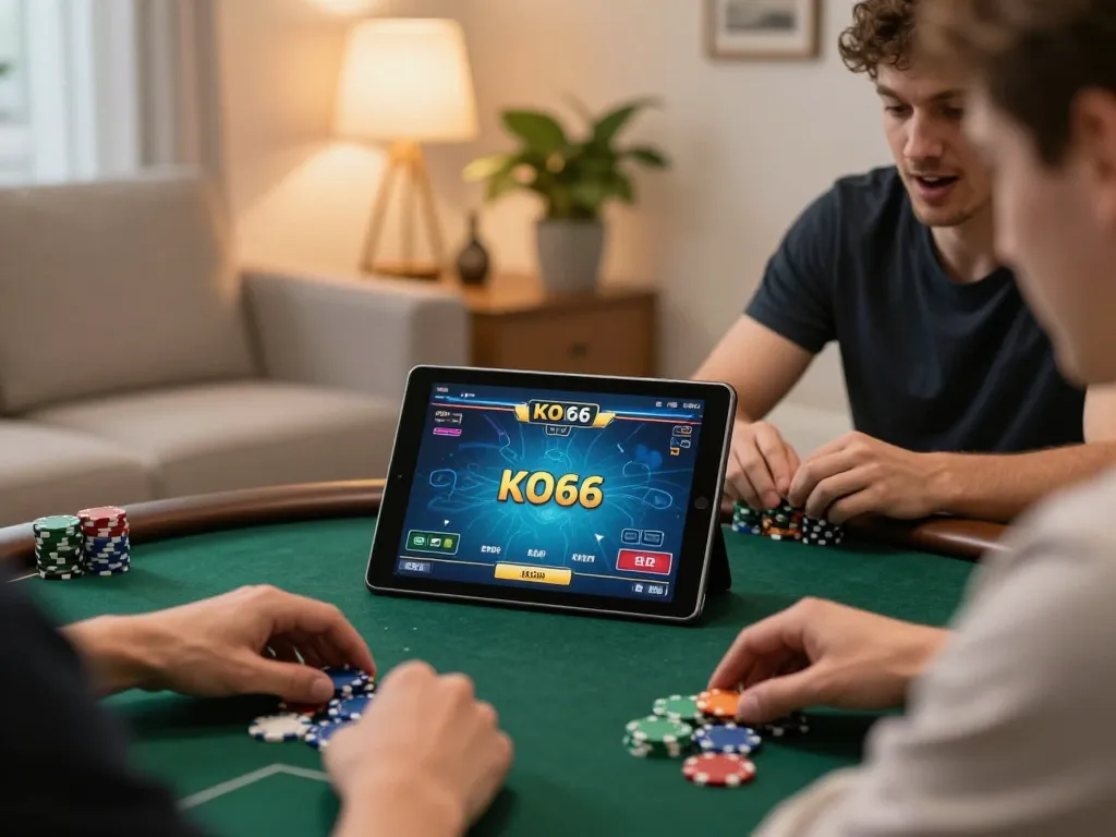 Trải nghiệm chơi poker trực tuyến hấp dẫn trên ứng dụng KO66 với chip và máy tính bảng trong không gian ấm cúng
