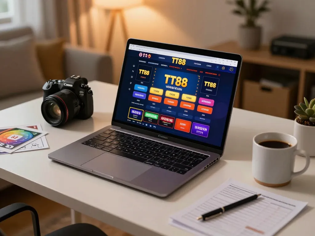 Player engaging with the TT88 casino app on a laptop, showcasing a modern home gaming setup.