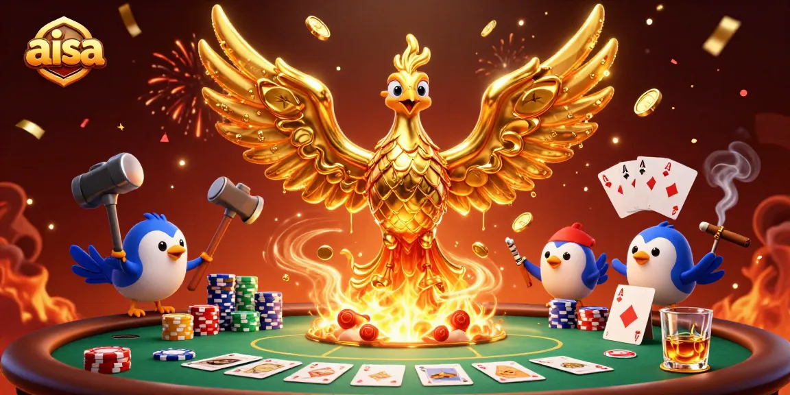 Experience the thrill of aisa as a molten golden phoenix emerges above a poker table filled with vibrant chips and cards.