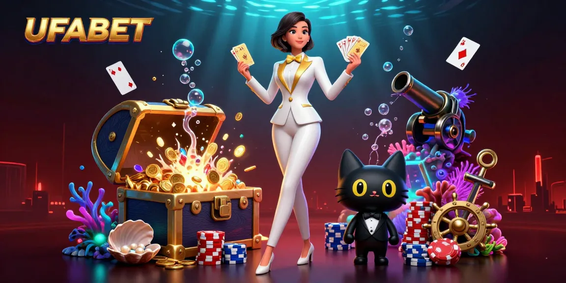 Engage with UFABET's thrilling atmosphere as a glamorous character shuffles cards amidst dynamic casino elements.