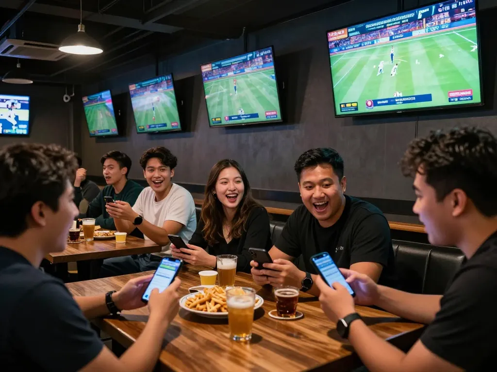 Bongdallu users placing bets while enjoying a thrilling sports viewing experience in a vibrant sports bar.