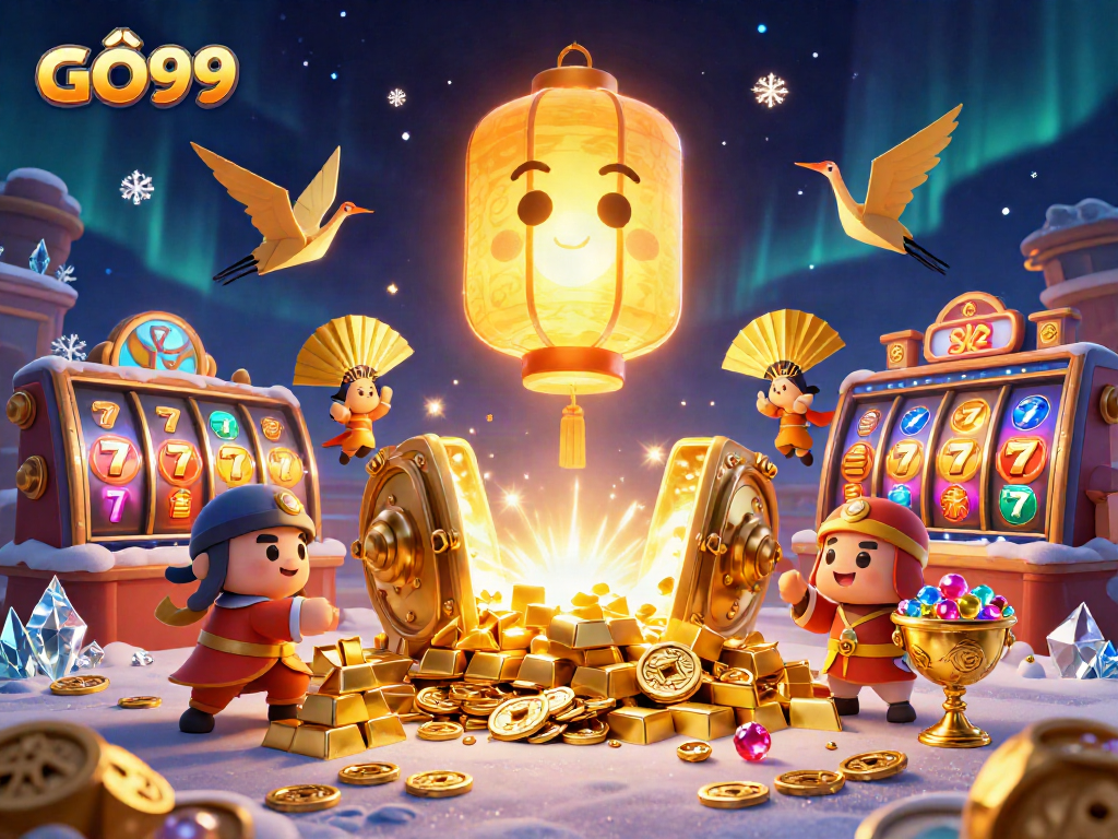 Experience the excitement of GÔ99 with vibrant slot reels and golden treasures in a dynamic casino scene.