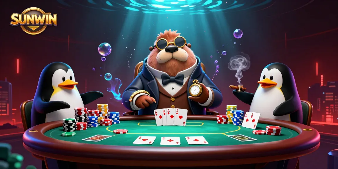 SUNWIN jolly walrus playing poker underwater with detailed chips and cards, vibrant and engaging scene