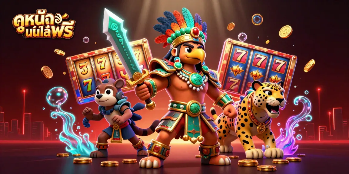 Engaging scene showcasing ดูหนังออนไลน์ฟรี with 3D casino characters amidst slot reels, enhancing online gambling experience.