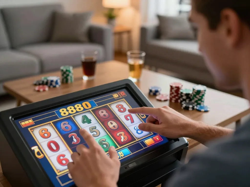 Enjoying an engaging 888slot game on mobile with vibrant visuals and relaxed atmosphere.