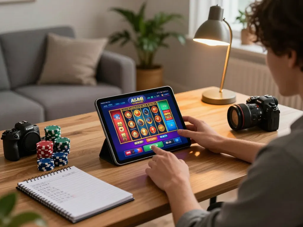 Engaging with ALO8 STUDIO on a tablet for online casino gaming, cozy home setup featuring strategic notes.