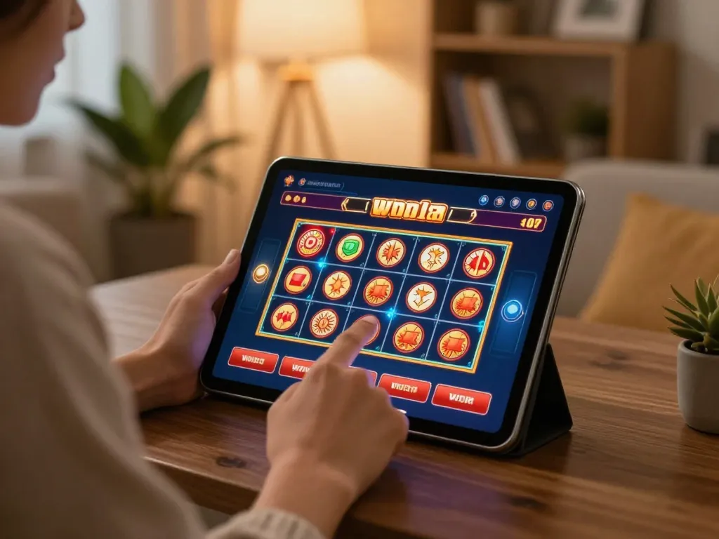 Player engaging in mobile gaming at home with popular bl555r app displayed on tablet.