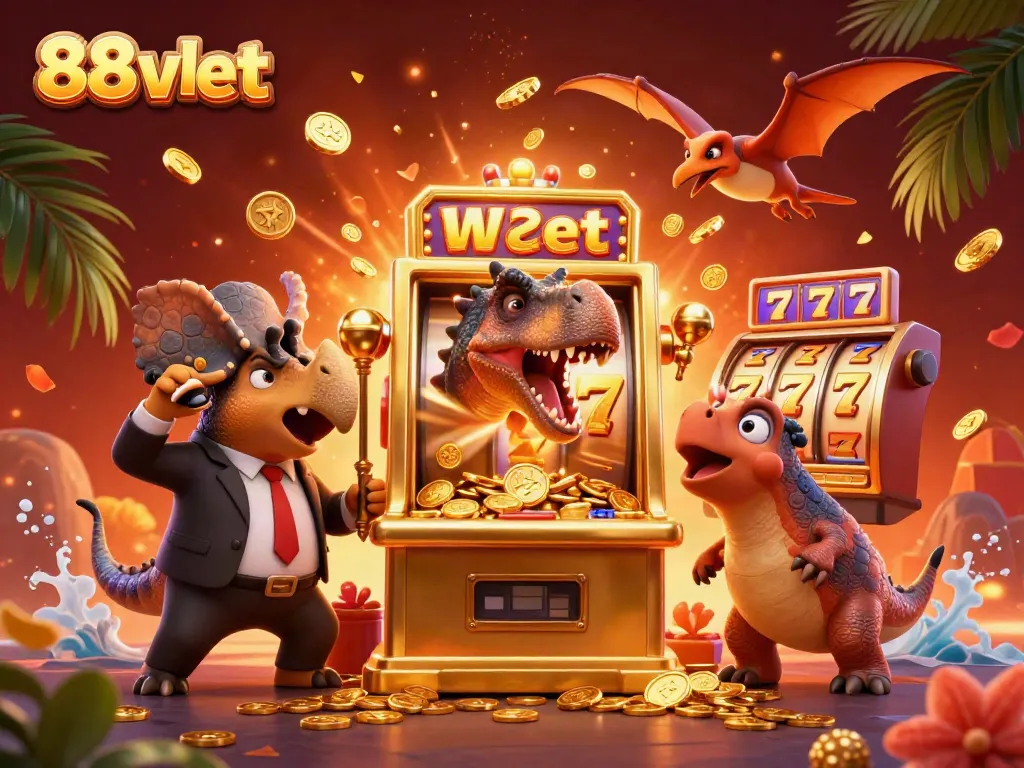 Experience thrilling moments in 88vbet as a dinosaur hits a slot machine for jackpot coins.