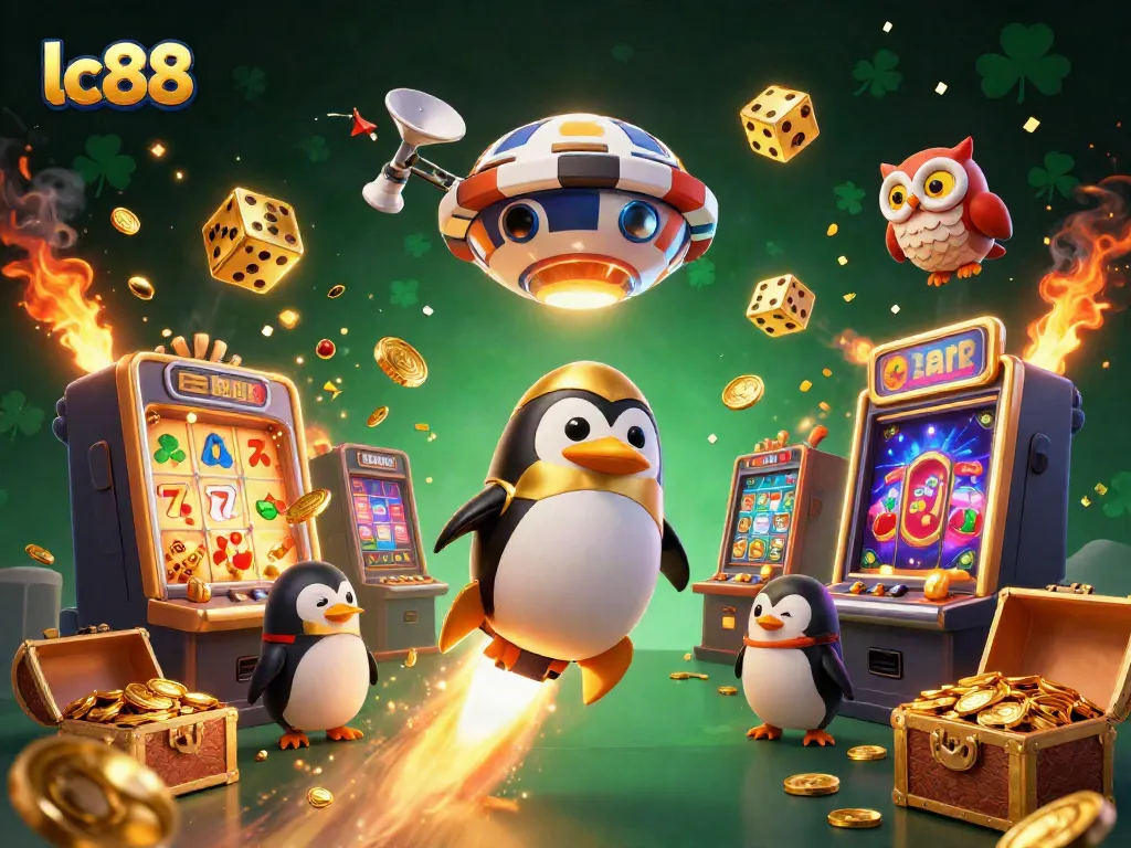 Experience winning excitement at lc88 with a stunning rocket-powered penguin soaring above a vibrant casino scene.