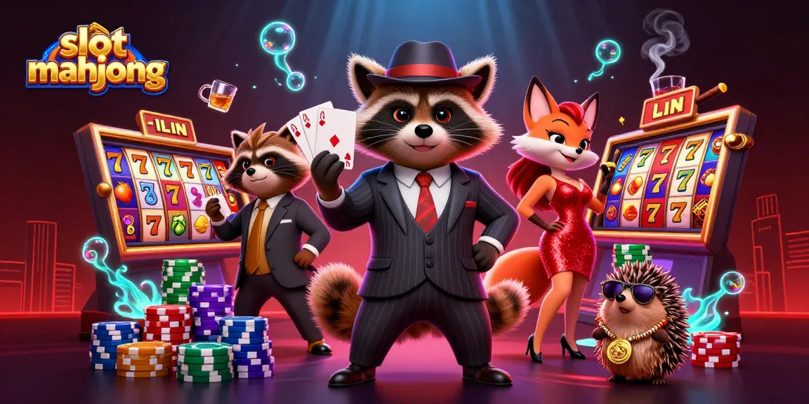 Engage with slot mahjong excitement featuring raccoon and fox characters at a dynamic slot machine scene.