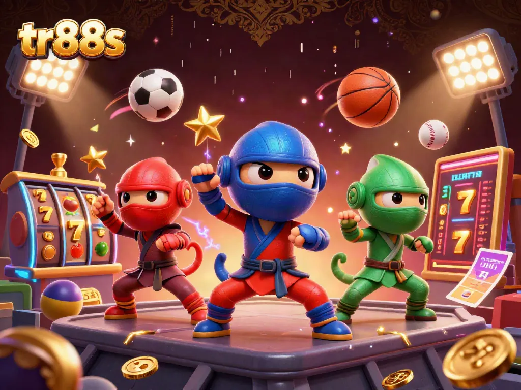 Experience the thrill of tr88s with a vibrant 3D casino scene featuring ninja chameleons and dynamic gaming elements.