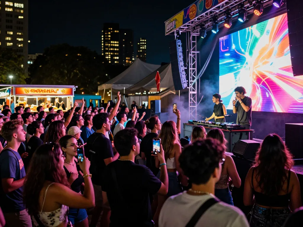 8Day festival scene with DJ on stage, vibrant lights, and enthusiastic crowd enjoying electronic music.