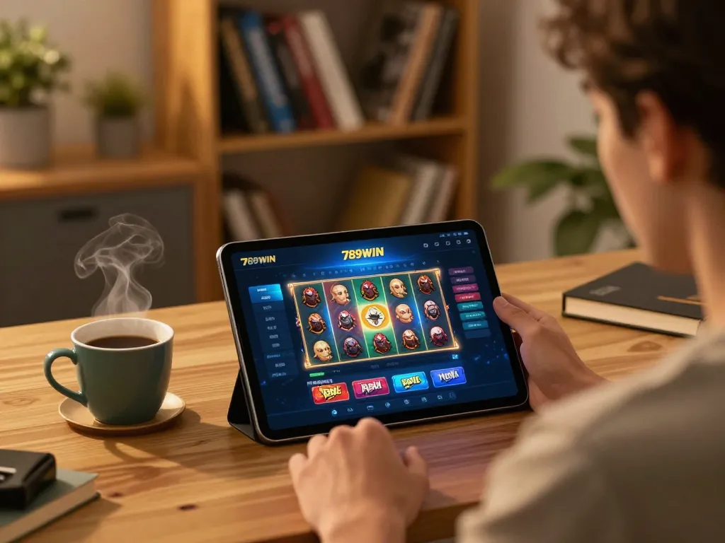 Engaging home gaming scene showing a player using 789WIN platform on tablet.