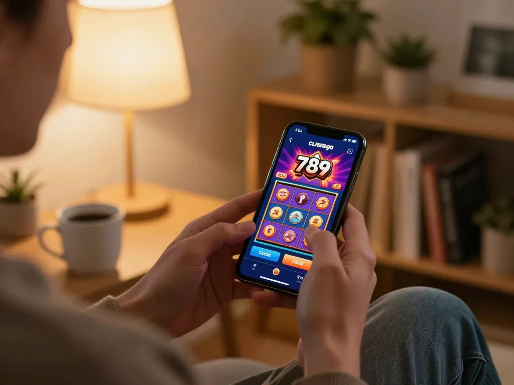 Player enjoying gaming on 789clubgo app, engaging with vibrant slot machine screen in cozy setup.