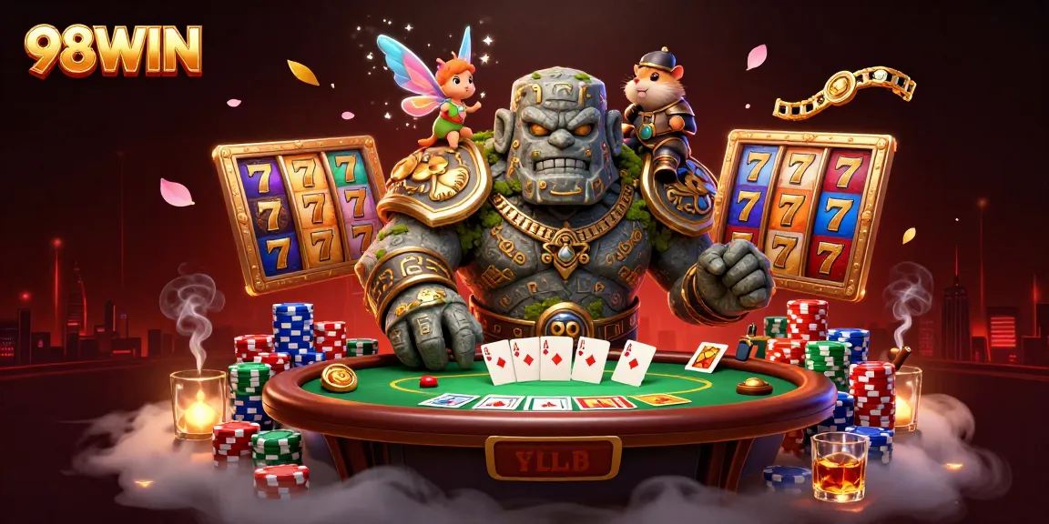 Experience the thrill of 98WIN with a vibrant 3D golem and fairy in a lively casino environment.