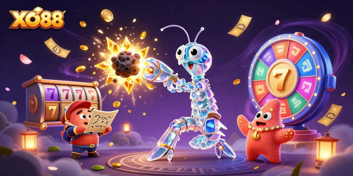 Experience exciting wins at XO88 with a dynamic casino scene featuring colorful slots and golden jackpots.