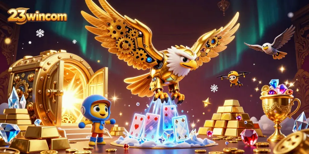 Engaging scene of 23wincom-themed golden eagle capturing casino excitement with flying cards and treasure.