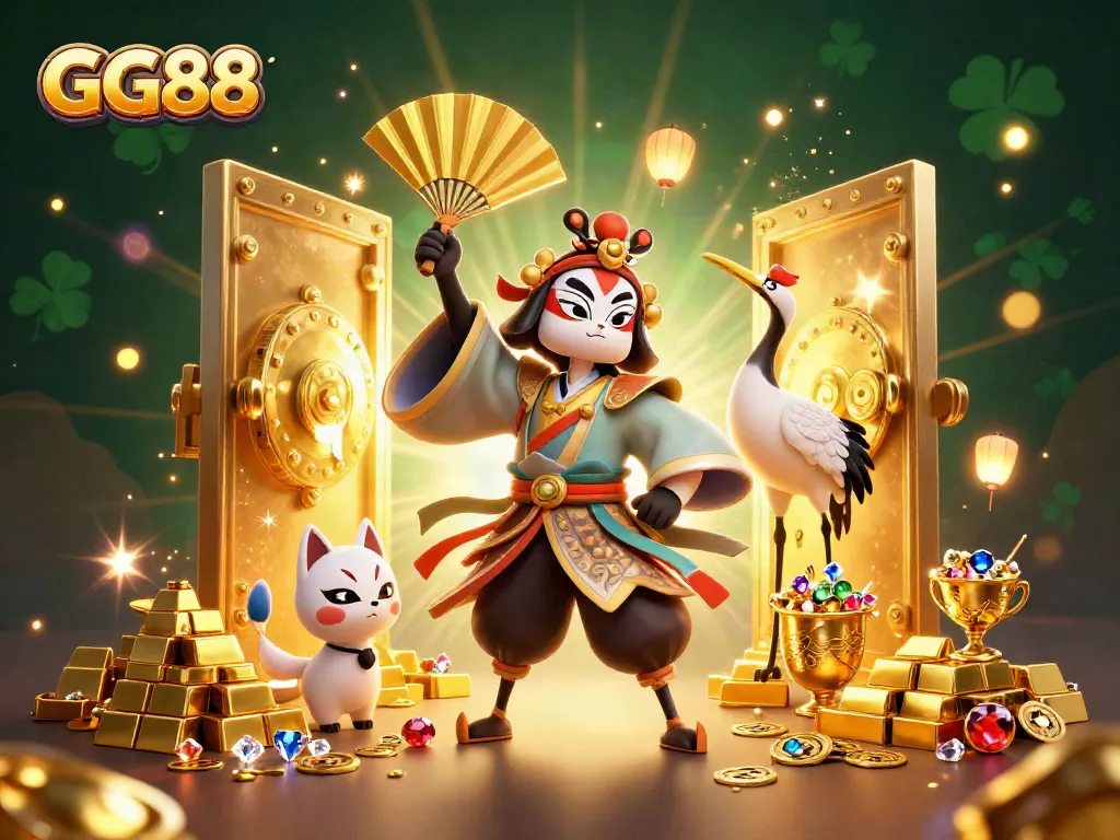 Experience the excitement of GG88 with a dynamic 3D illustration showcasing kabuki warrior and treasures of the casino world.