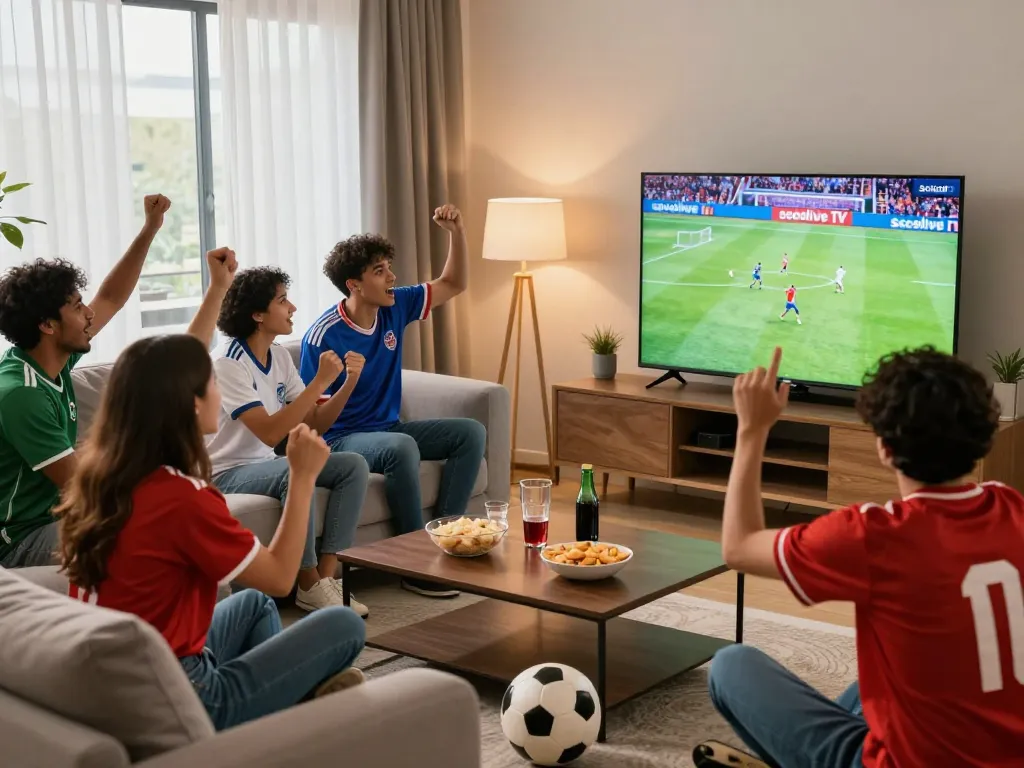 Friends enjoying a live soccer match on socolive tv in a cozy living room.