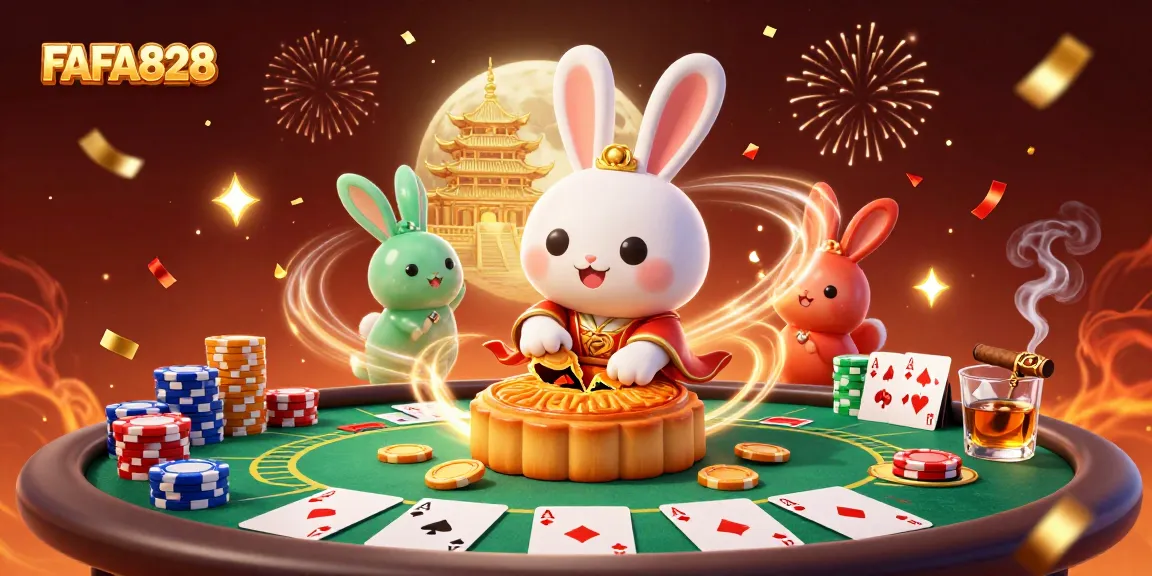 Engage with the vibrant FAFA828 poker scene featuring moon rabbits and golden mooncakes.