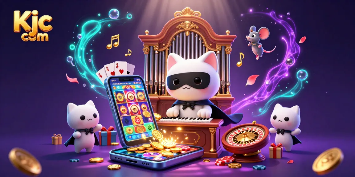 Spin the reels at Kjc com with a stunning casino illustration of golden coins, slot games, and fantasy characters.