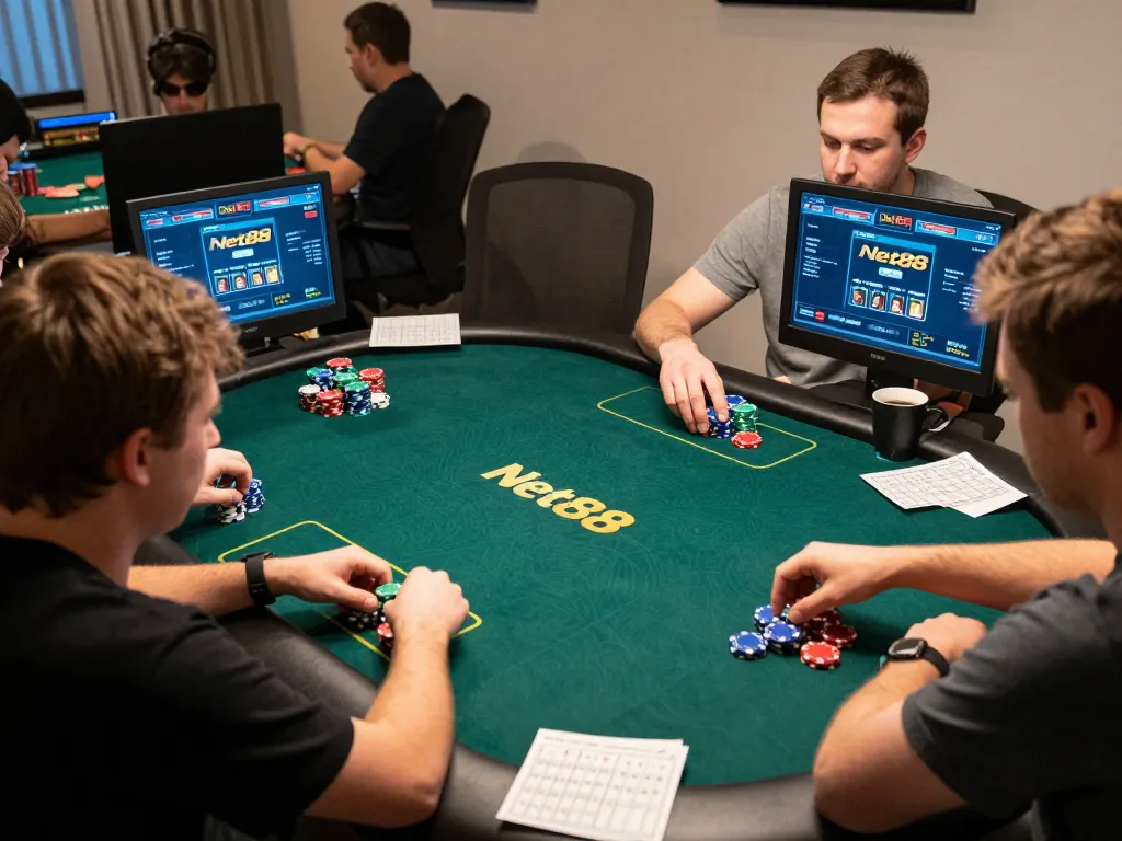 Players strategizing during an intense game at Net88's online casino.