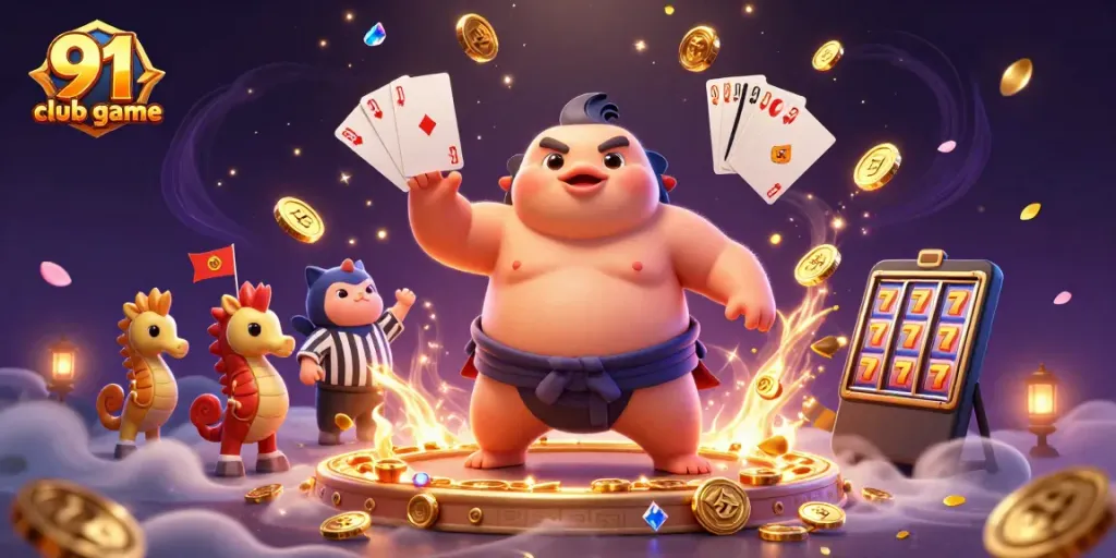 Engage with the 91 club game through a vibrant underwater scene featuring a unique fugu character, dynamic gaming elements, and animated spectators.