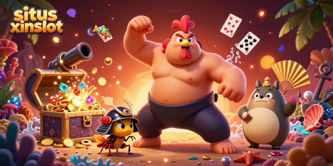 Engage with situs xinslot through the thrilling 3D illustration featuring dynamic casino characters.