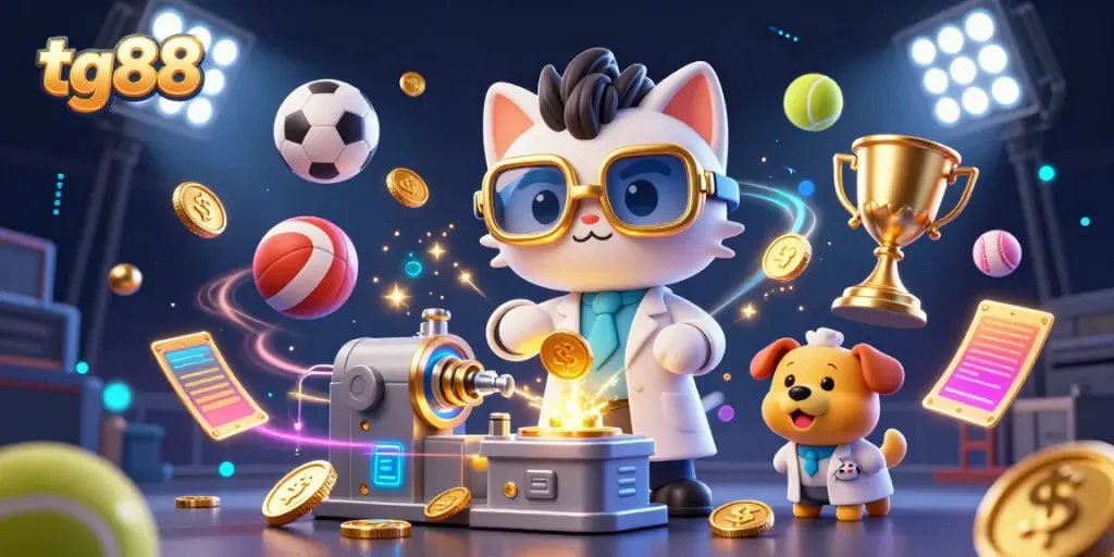 Experience thrilling gameplay at tg88 with an energetic scene featuring a mad scientist cat and sports elements.