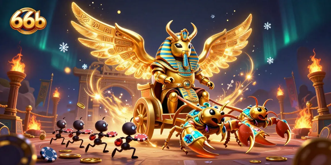 Engage in casino excitement with 66b, featuring a dazzling scene of a golden scarab beetle chariot.