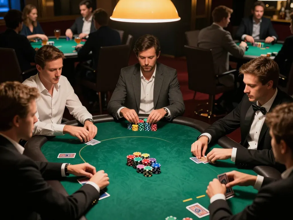 FC88 poker gameplay in an upscale room, players intensely focused on cards and chips.