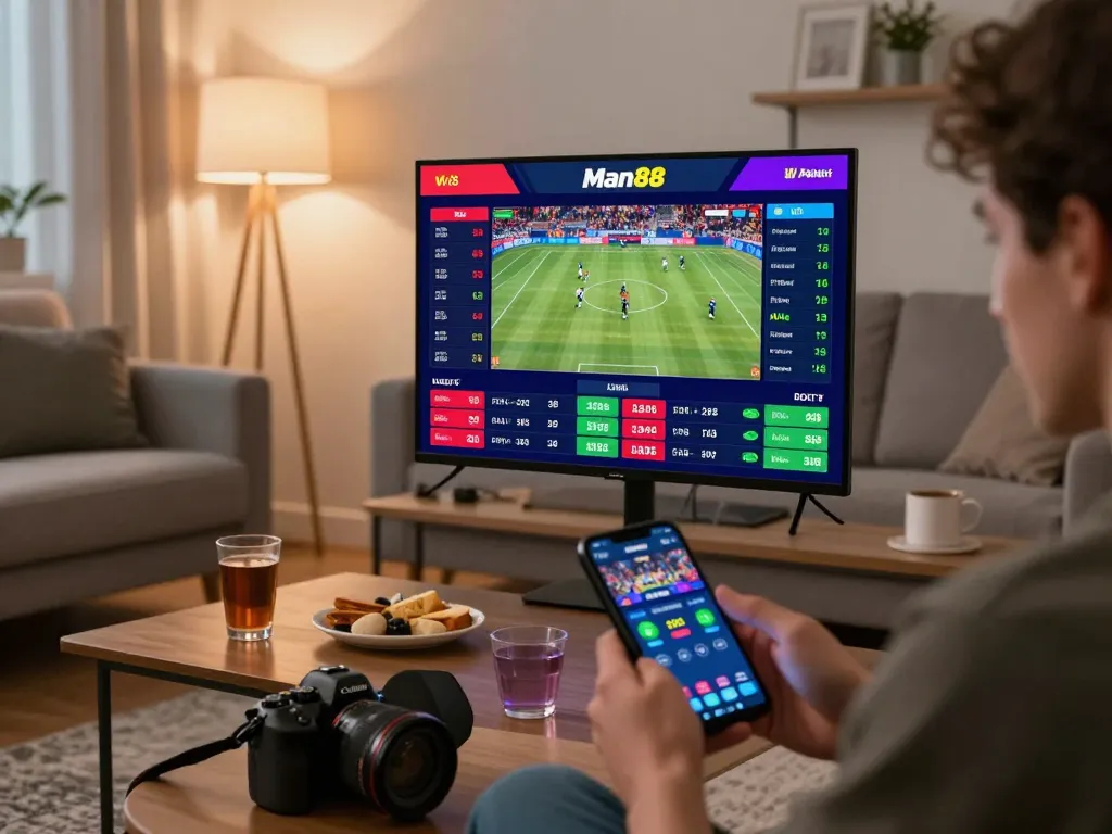 Betting on the man88 app from a cozy home setup, showcasing sports excitement and responsible gaming.