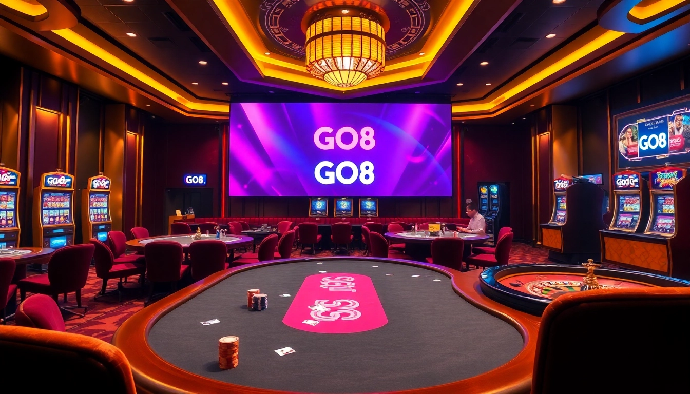 Experience thrilling gameplay at GO8 casino with poker tables, roulettes, and vibrant gambling ambiance.