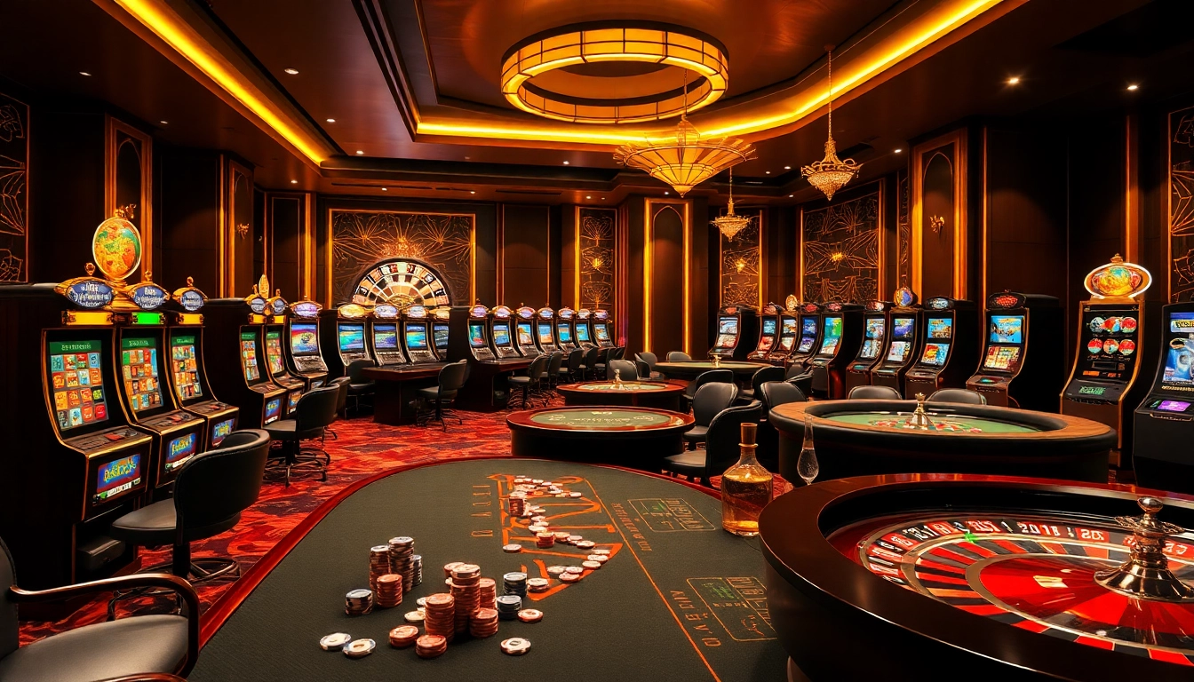 WIN678 casino scene showcasing luxurious tables and vibrant slot machines in an upscale atmosphere.
