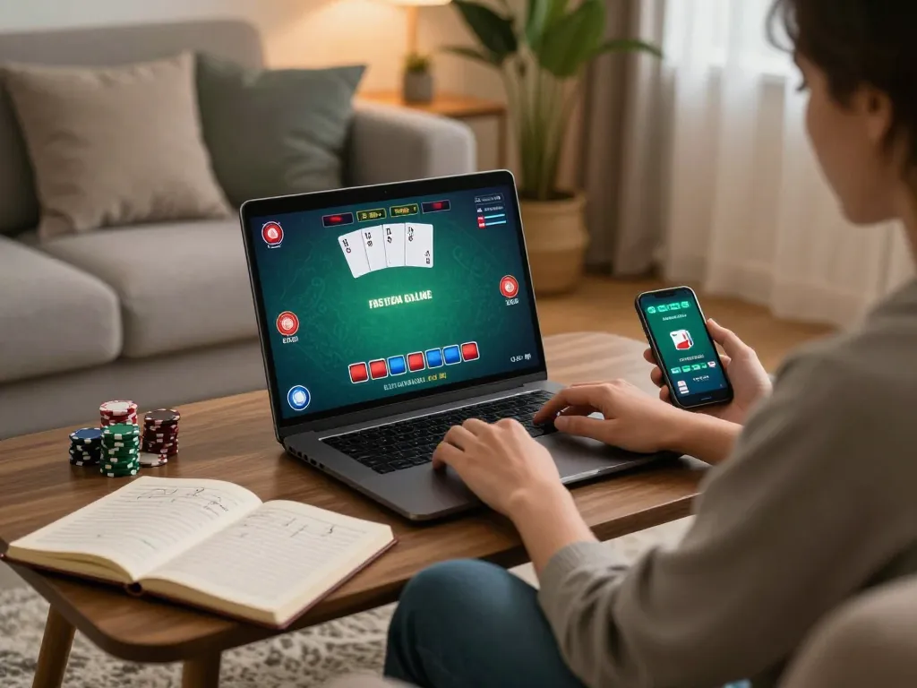 Engaging online poker game scene featuring v788 on a laptop with strategic notes nearby.