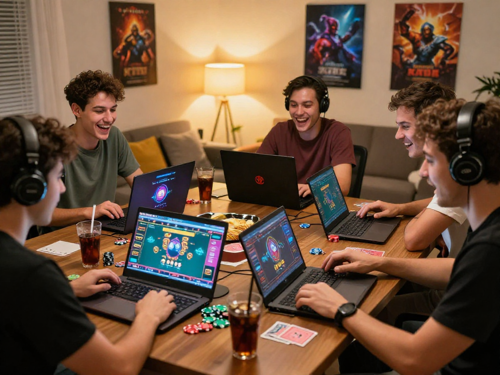 Exciting crypto casino gaming scene with friends at home, laptops and poker chips.