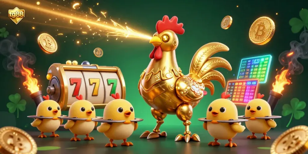 Experience thrilling gameplay at tg88 with a dynamic golden rooster robot showcasing bonuses and crypto wins amidst vibrant casino elements.
