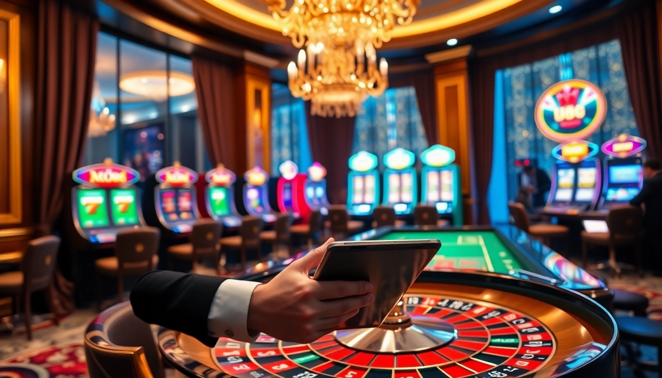 Player engaging in 'uu88 đăng nhập' at a luxurious casino with vibrant slot machines.